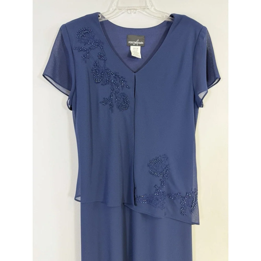 Positive Attitude Royal‎ Blue Beaded Short Sleeve Maxi Dress Size 14 Vtg Formal